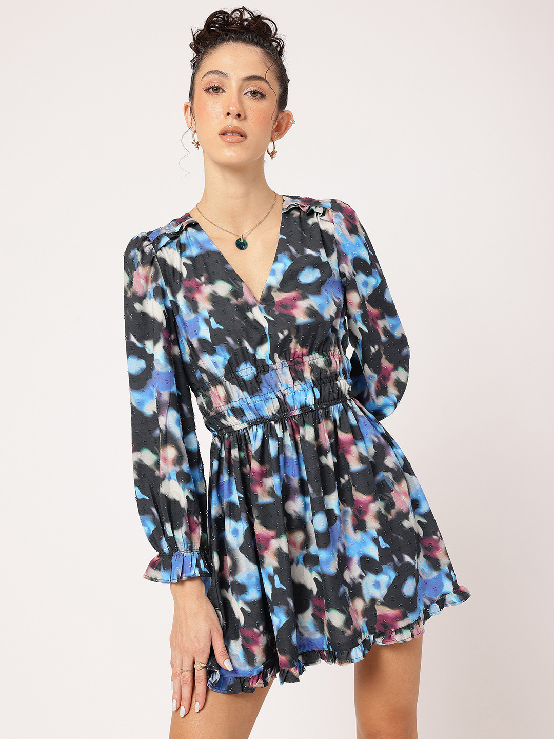 DressBerry Abstract Print Dobby Weave Smocked A-Line Dress