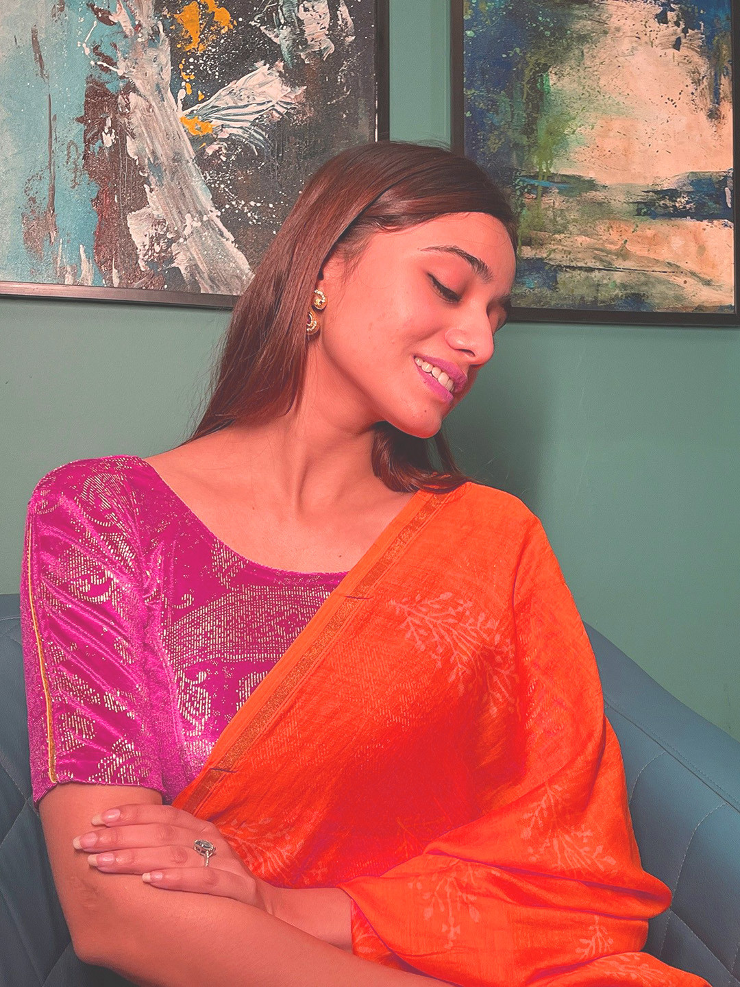 Bindigasm's Advi Printed Velvet Gota detailing Stretchable Saree Blouse