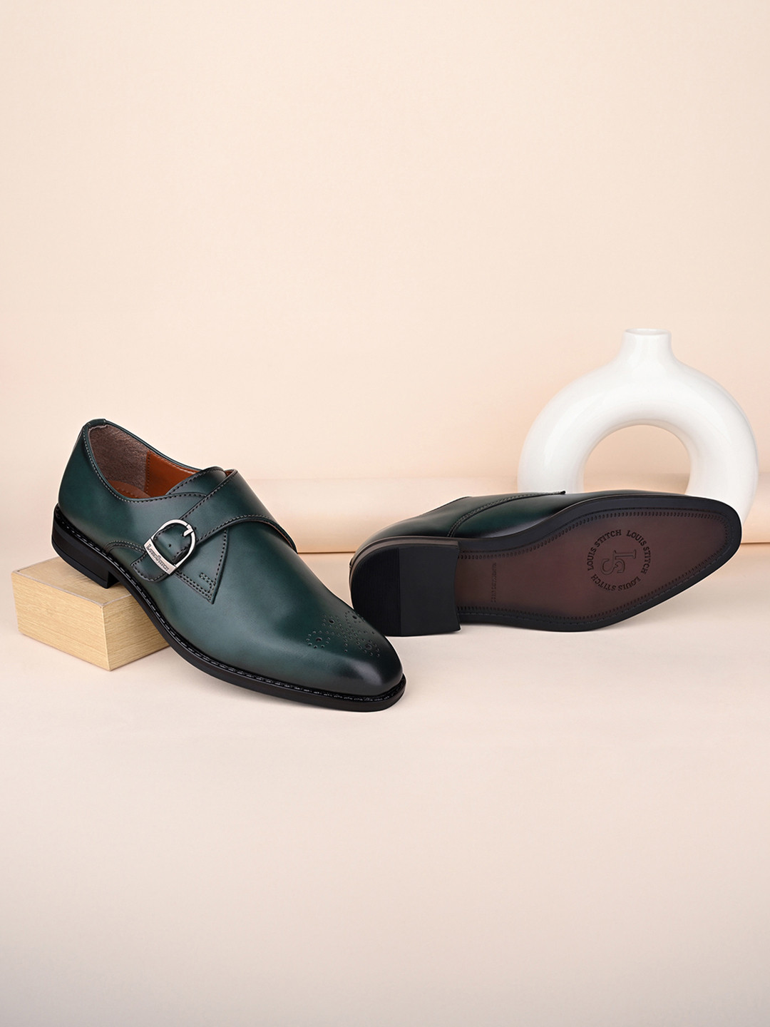 LOUIS STITCH Men Seaweed Green Formal Slip-On Monk Shoes