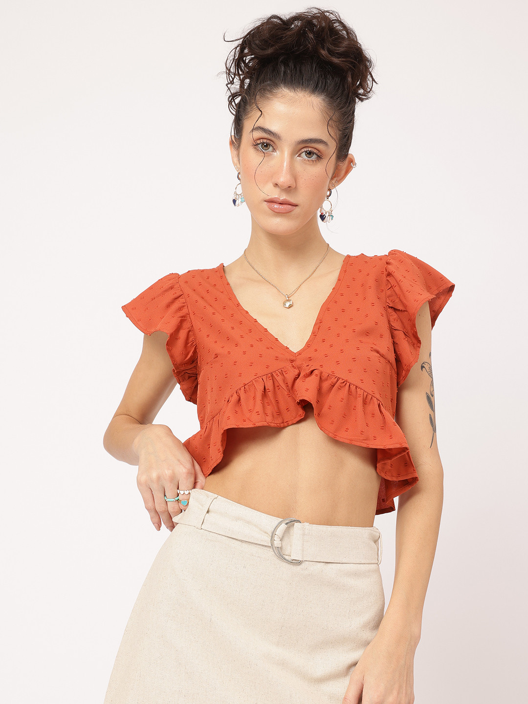DressBerry Dobby Delight Ruffled Crop Top