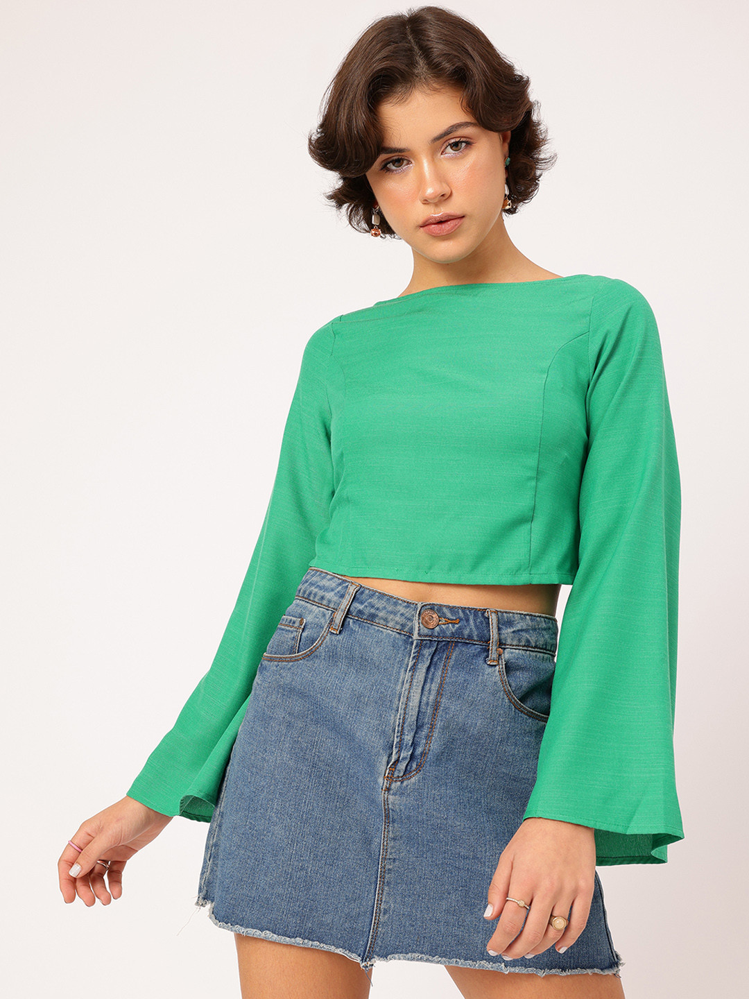 DressBerry Backless Tie-Up Flared Sleeve Crop Top