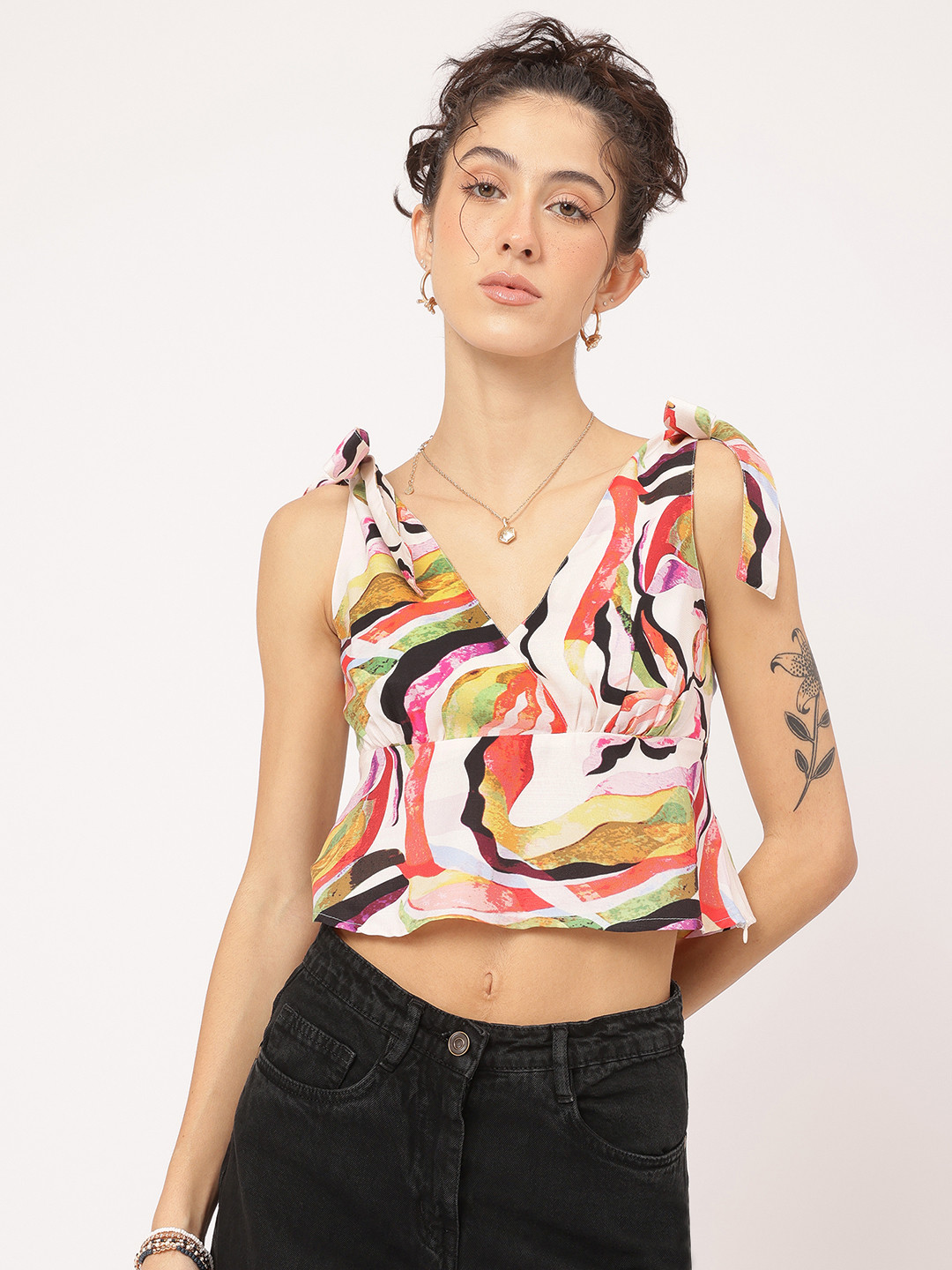 DressBerry Abstract Art Tie-Up Straps Crop Top