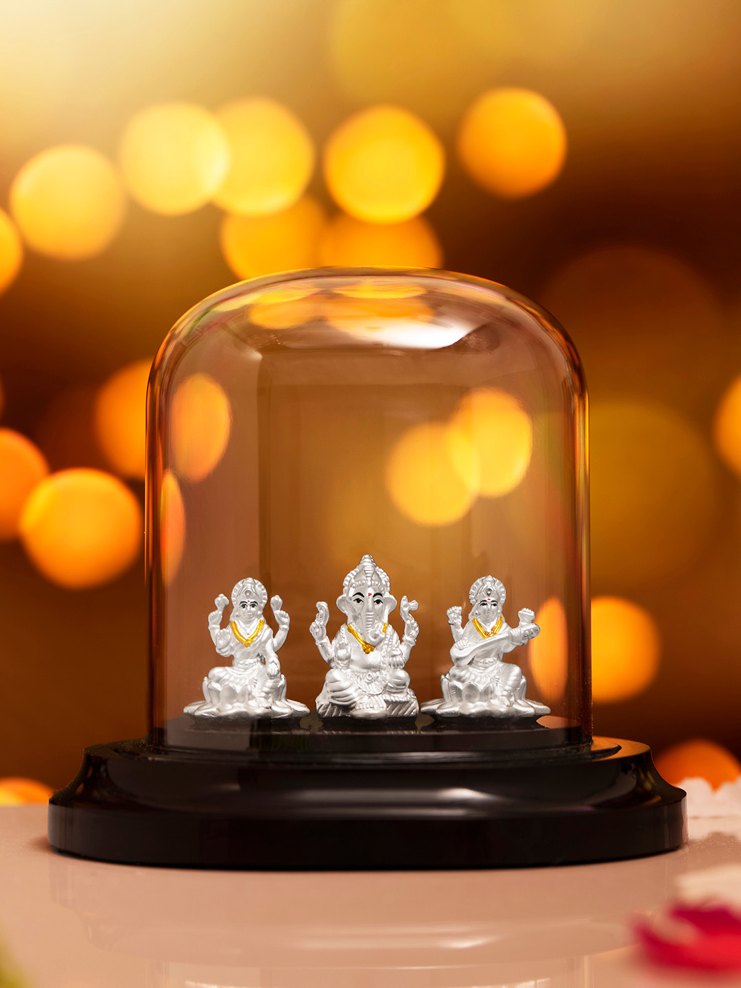Zavya Ganesha With Laxmi & Saraswathi Silver Natural Prayer Room Tiny Showpiece - 4.1 Inches