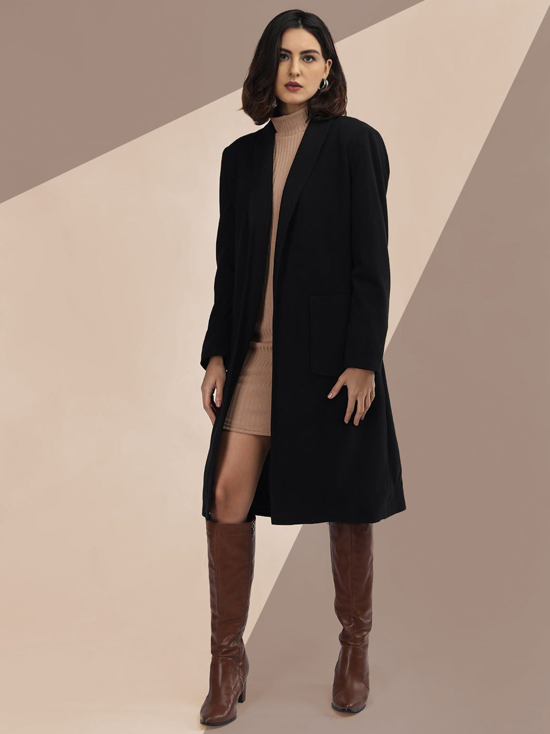 The Roadster Lifestyle Co. Women Solid Front-Open Shawl Collar Wool Trench Coat