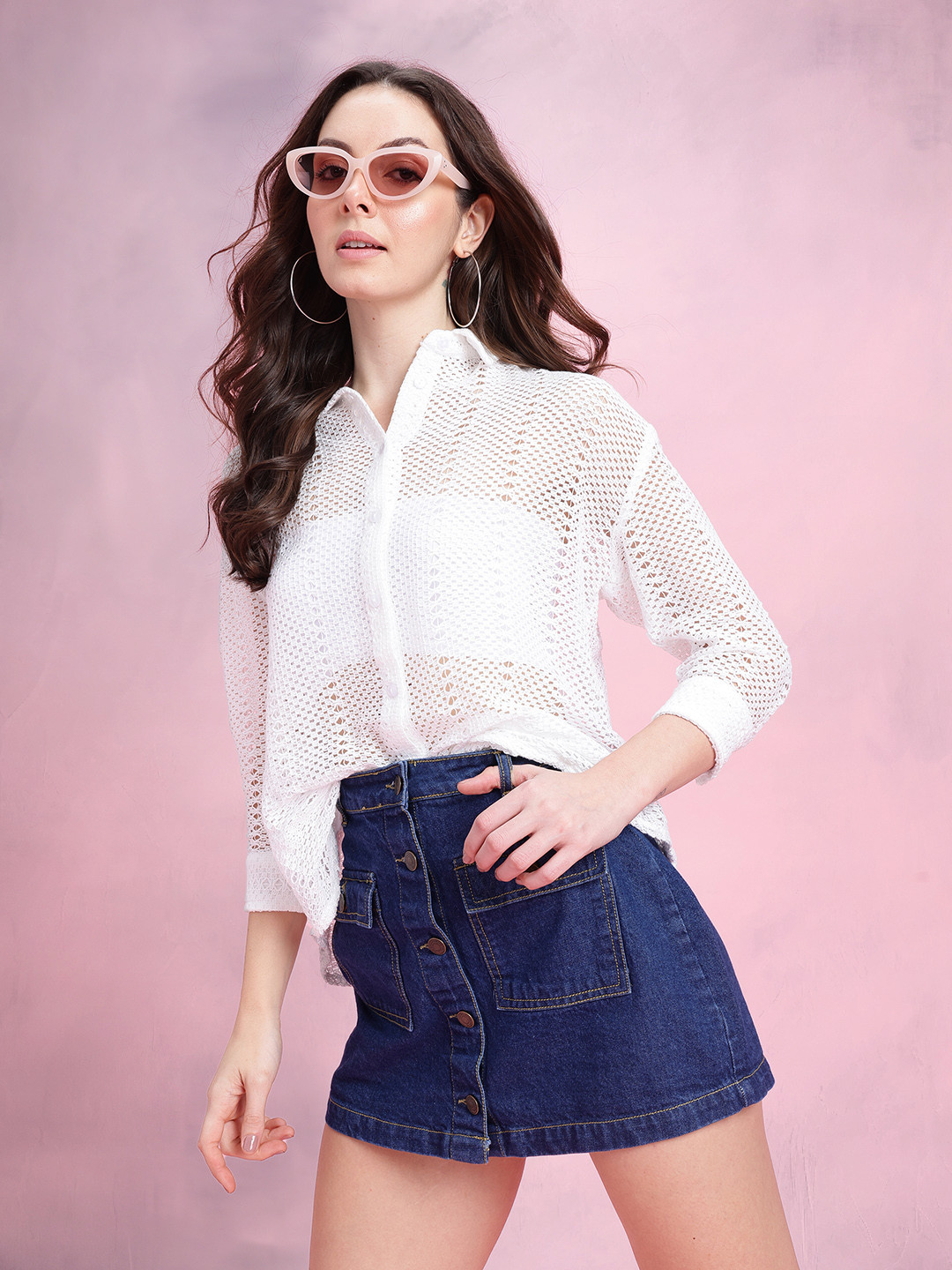 DressBerry Open-Knit Sheer Crochet Shirt