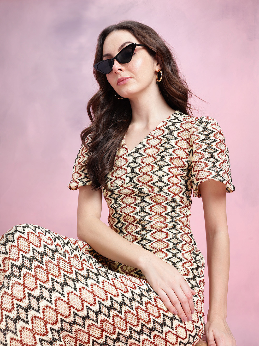 DressBerry Flared Sleeve Crochet A-Line Midi Dress