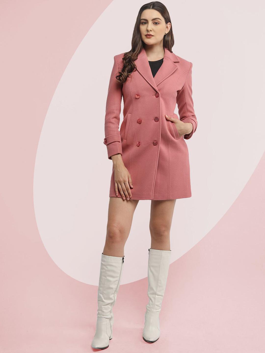 The Roadster Lifestyle Co. Women Solid Notched Lapel Collar Wool Double-Breasted Pea Coat