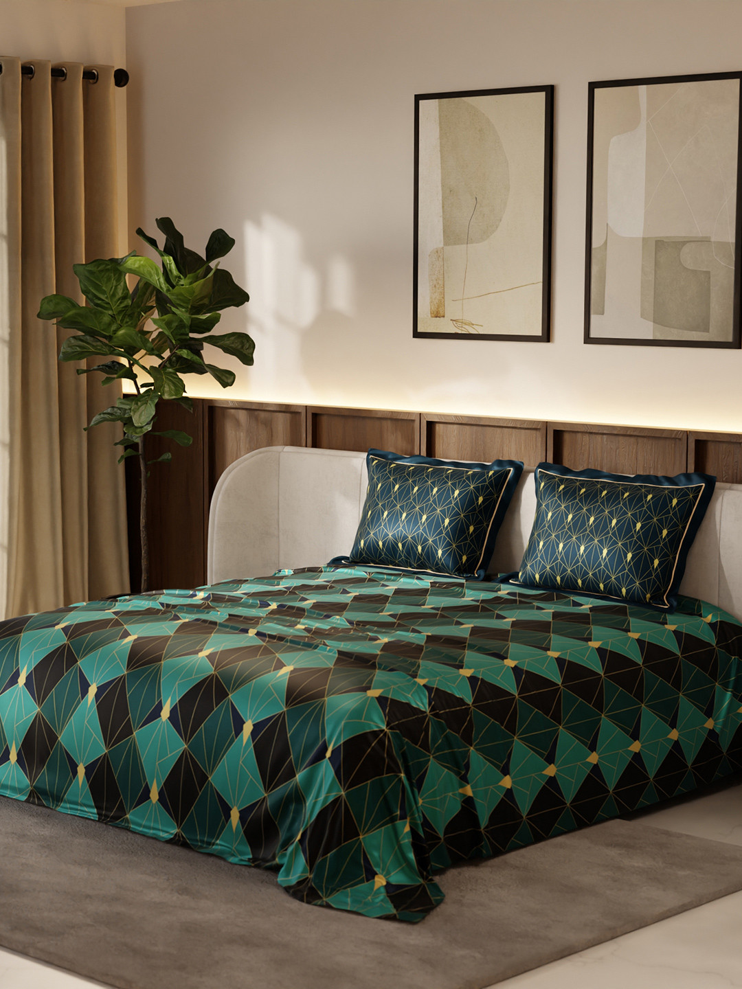 Stoa Paris Green Geometric Polyester Skin-Friendly 300 TC King Fine Bedsheet with 2 Pillow Covers-90 x 108 inches