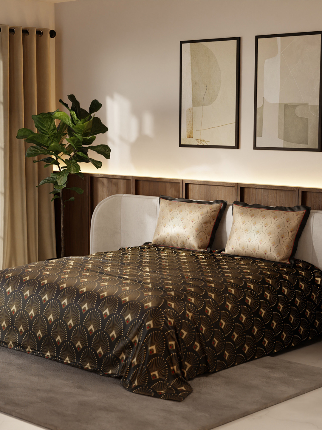 Stoa Paris Lumiere Black Ethnic Motifs Polyester Skin-Friendly 300 TC King Fine Bedsheet with 2 Pillow Covers-90 x 108 inches