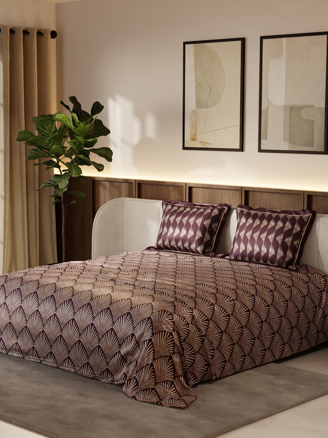 Stoa Paris Lumiere Brown Leaf Polyester 300 TC King Fine Bedsheet with 2 Pillow Covers-90 x 108 inches
