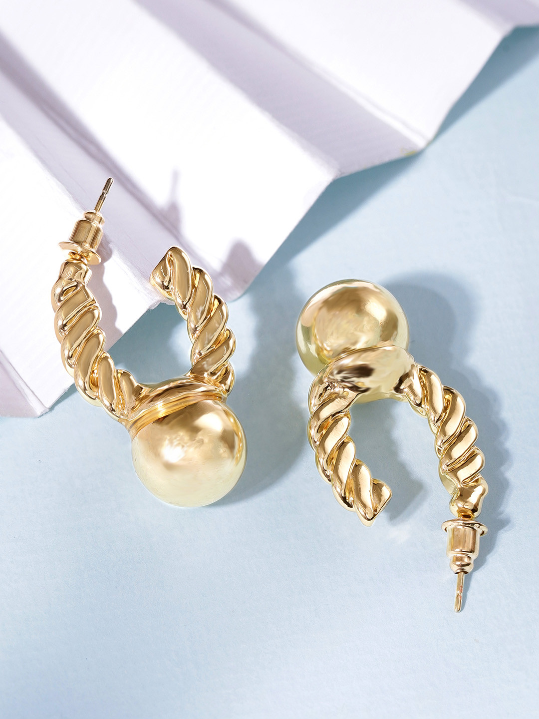 Rubans 18K Gold Plated Twisted Hoop Earrings with Bold Ball Drop Design