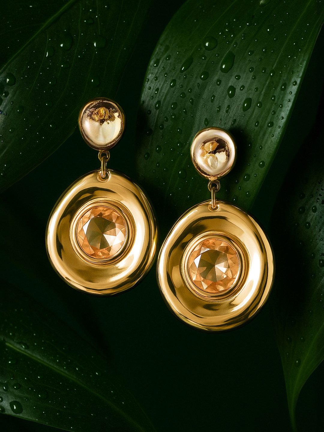 Rubans 18K Gold Plated Yellow Crystal Stone Studded Drop Earring with Bold Circular Design