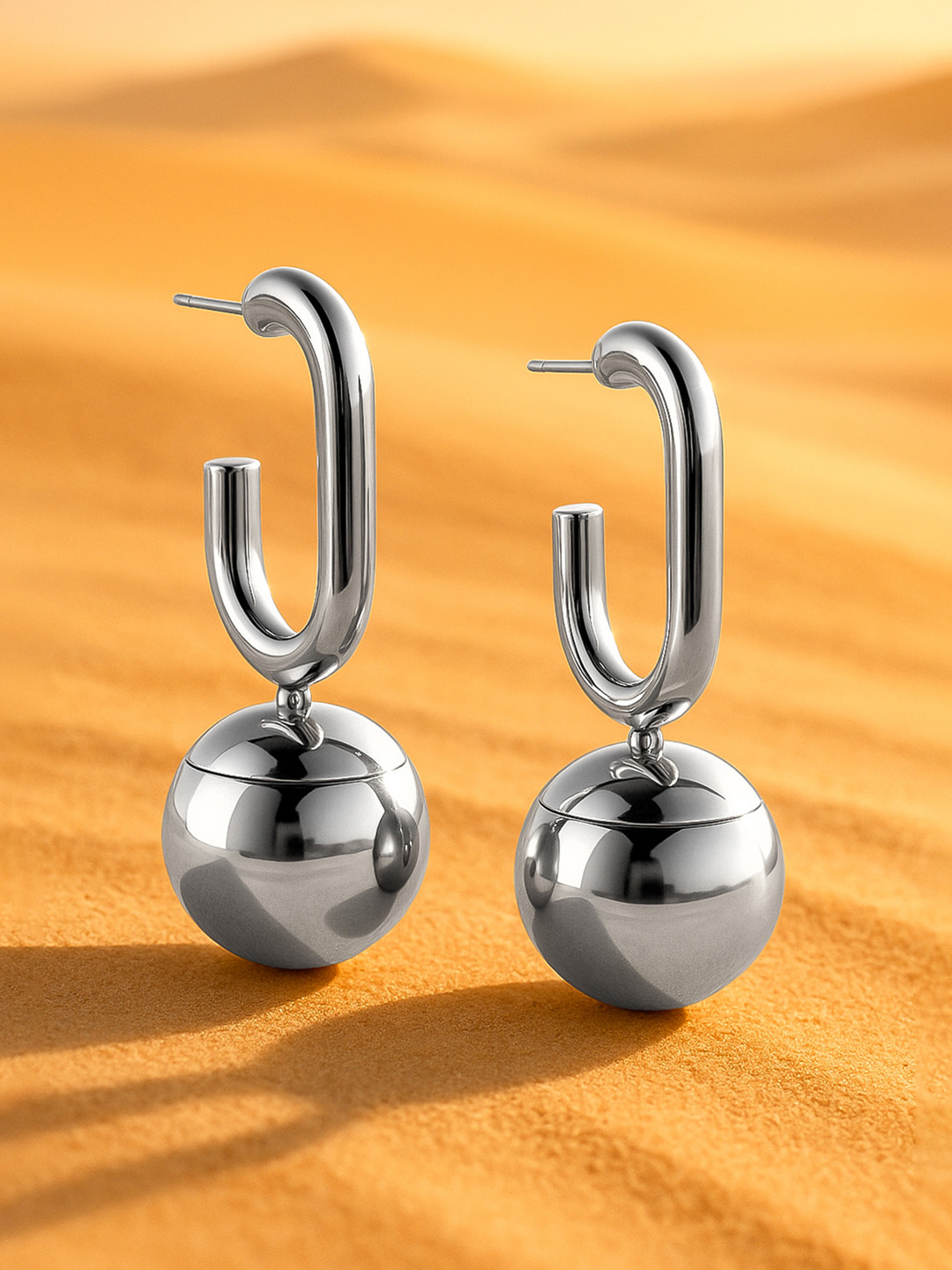Rubans Silver-Plated Contemporary Dangle Hoop Earrings with Bold Sphere Detailing