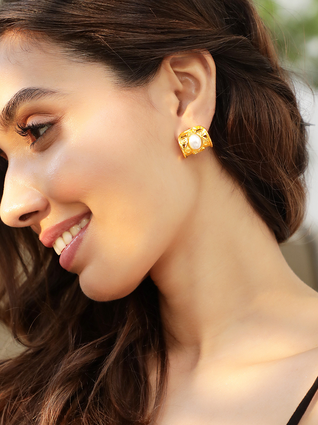 Rubans 18K Gold Plated Pearl Studded Half Hoop Earrings With Intricate Scroll Design