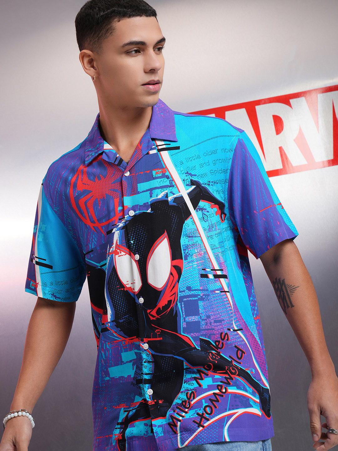 Highlander Marvel Men Mui Color Spider Man Printed Cuban Collar Viscose Relaxed Shirt