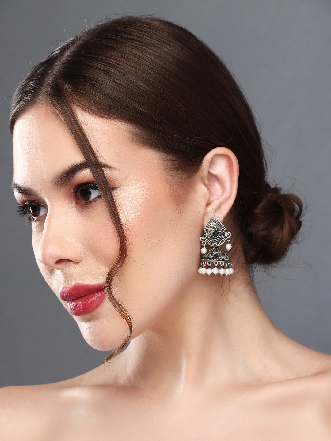 Anvik Silver Plated Beaded Contemporary Jhumkas