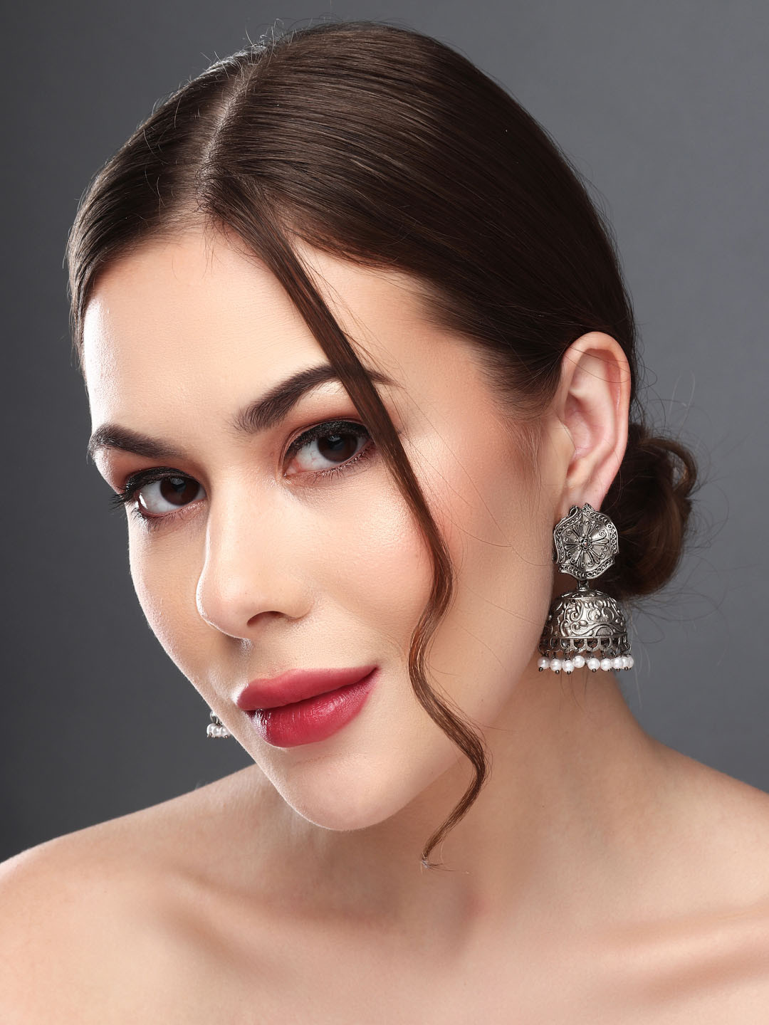 Anvik Silver Plated Beaded Contemporary Jhumkas