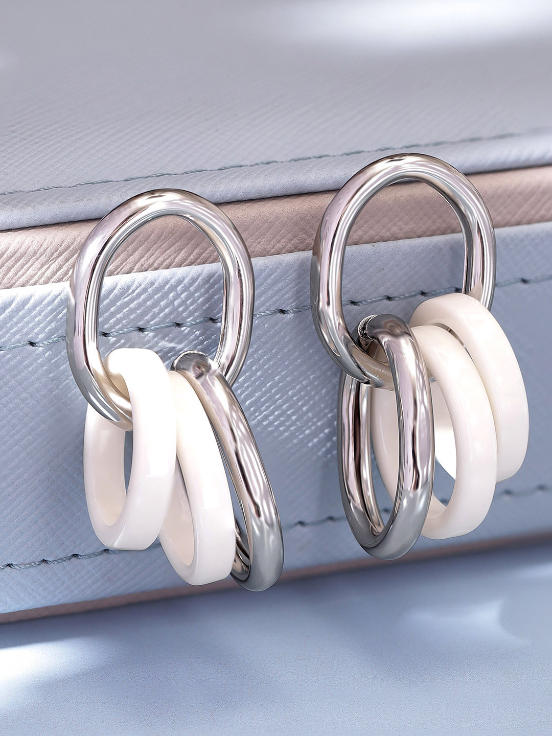 Rubans Silver Plated Drop Earrings with Dual Tone White & Silver Circular Accents