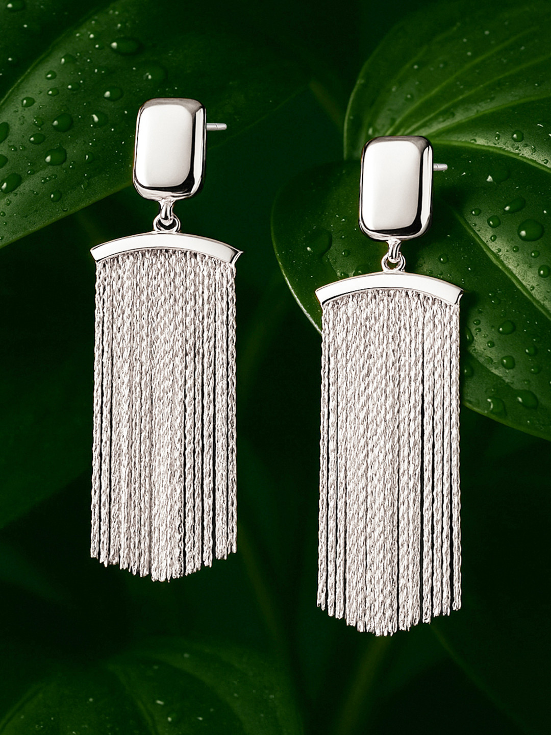 Rubans Rhodium-Plated Tassel Drop Earrings with Textured Fringe Design
