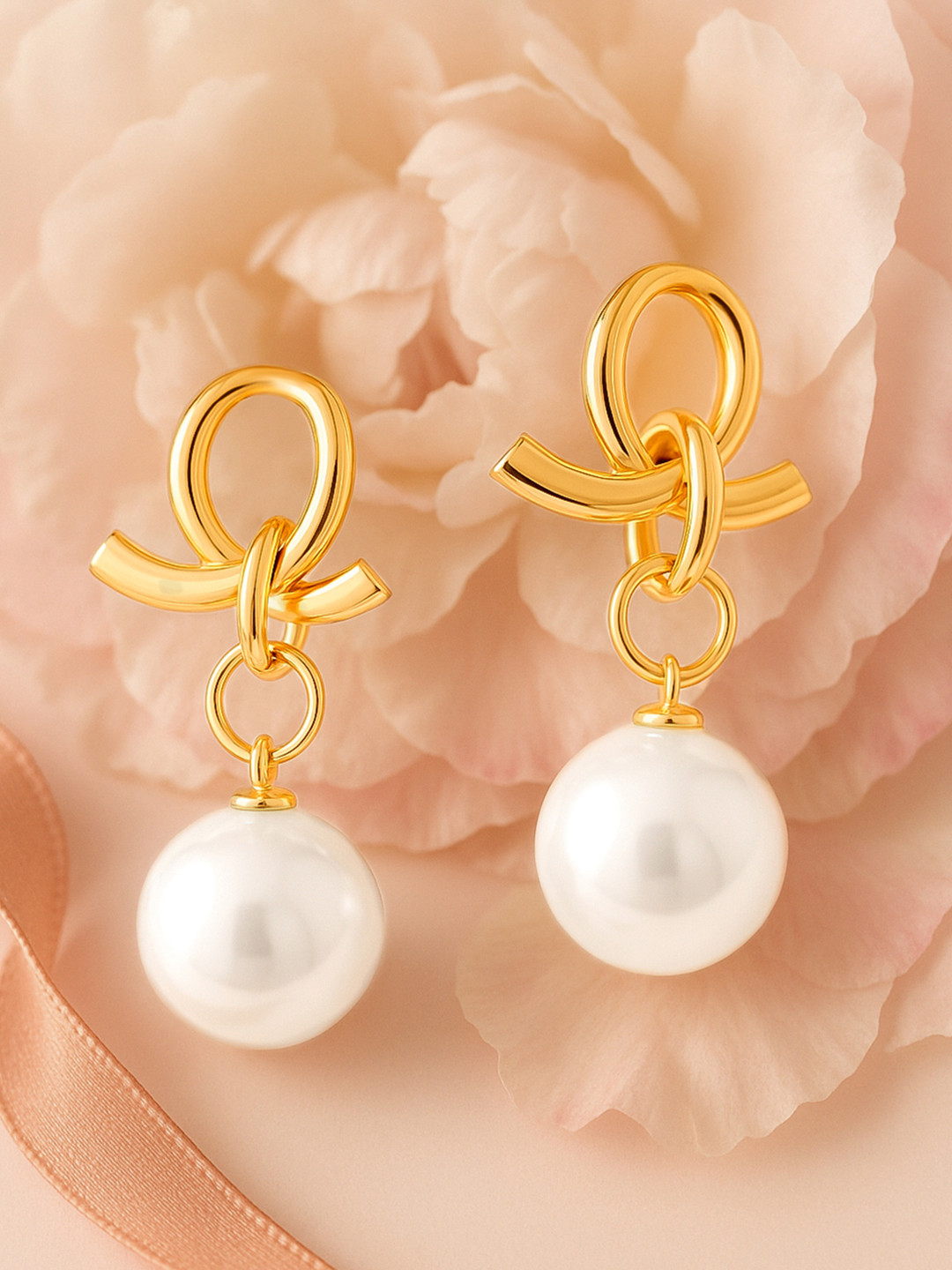 Rubans 18K Gold-Plated Knotted Loop Earrings with Elegant White Pearl Drop Detailing