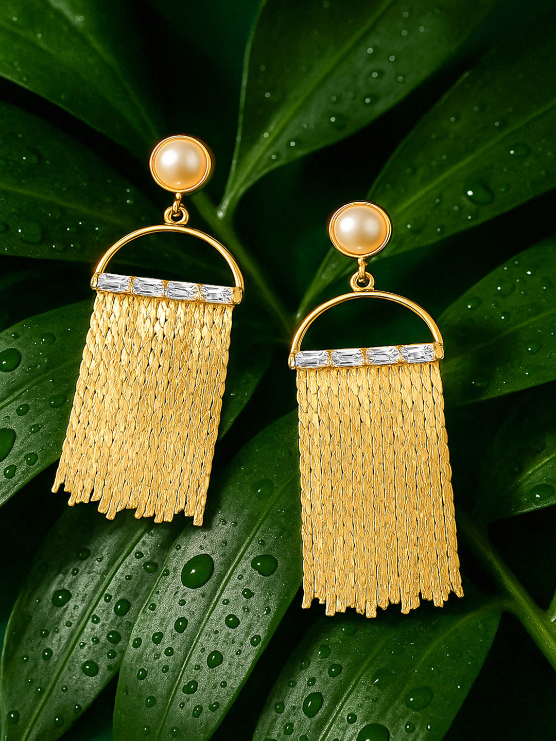 Rubans 18KT Gold Plated Statement Mesh Tassel Pearls Beaded Drop Earrings