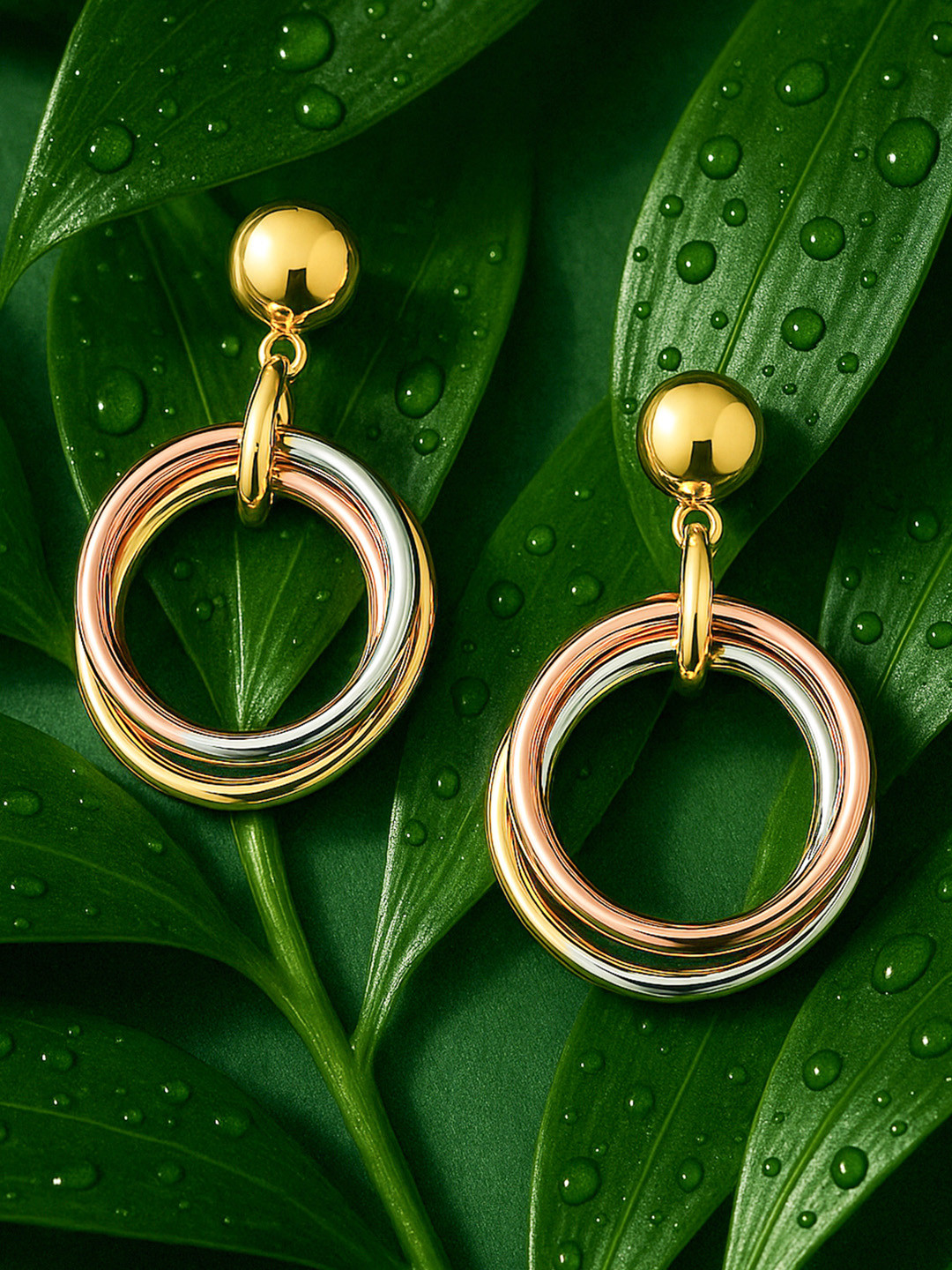 Rubans 18K Gold Plated Triple-Tone Hoop Earrings in Gold, Silver & Copper Circular Design