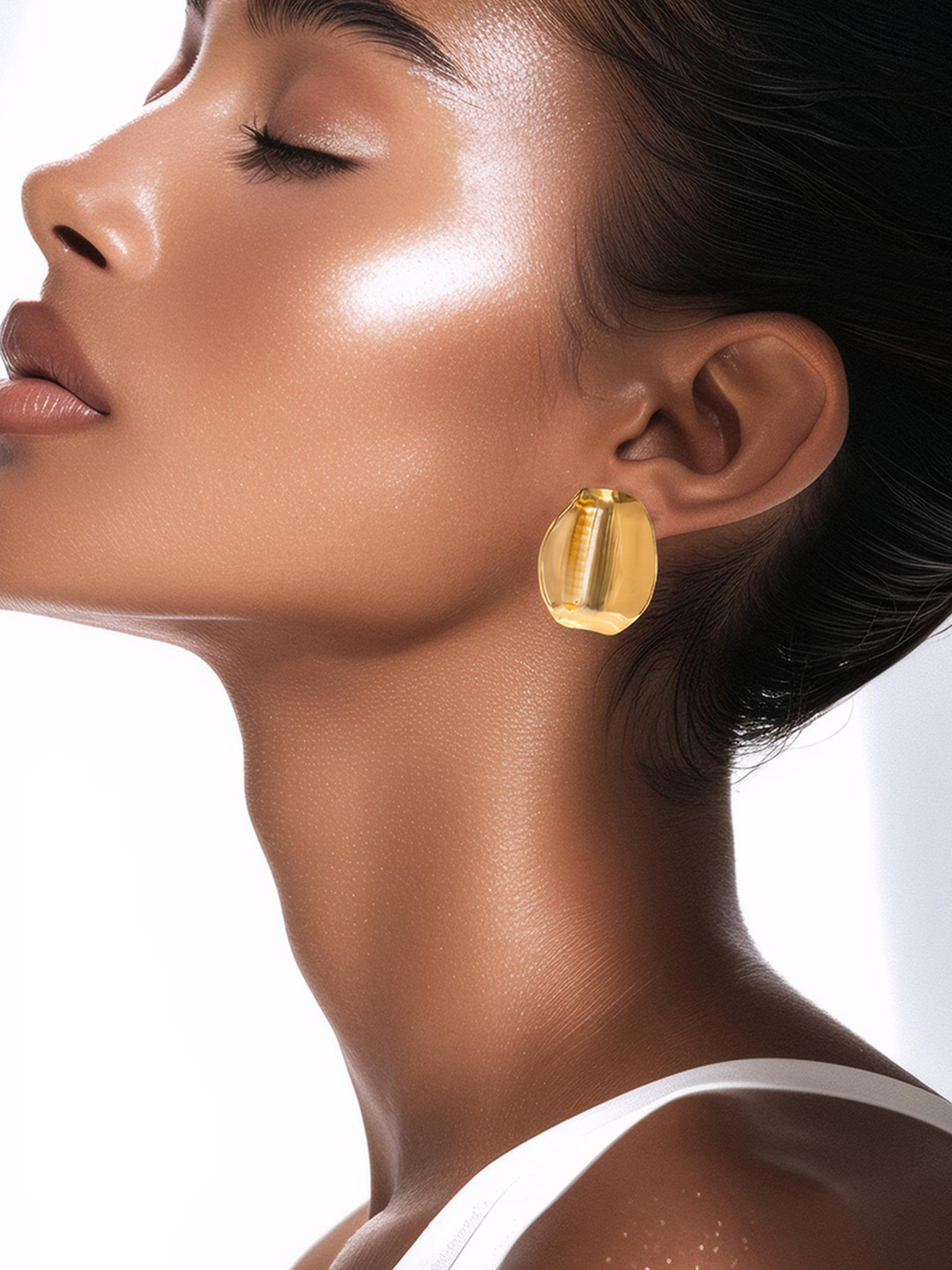 Rubans 18K Gold-Plated Sculptural Petal Stud Earrings in Polished Gold Finish