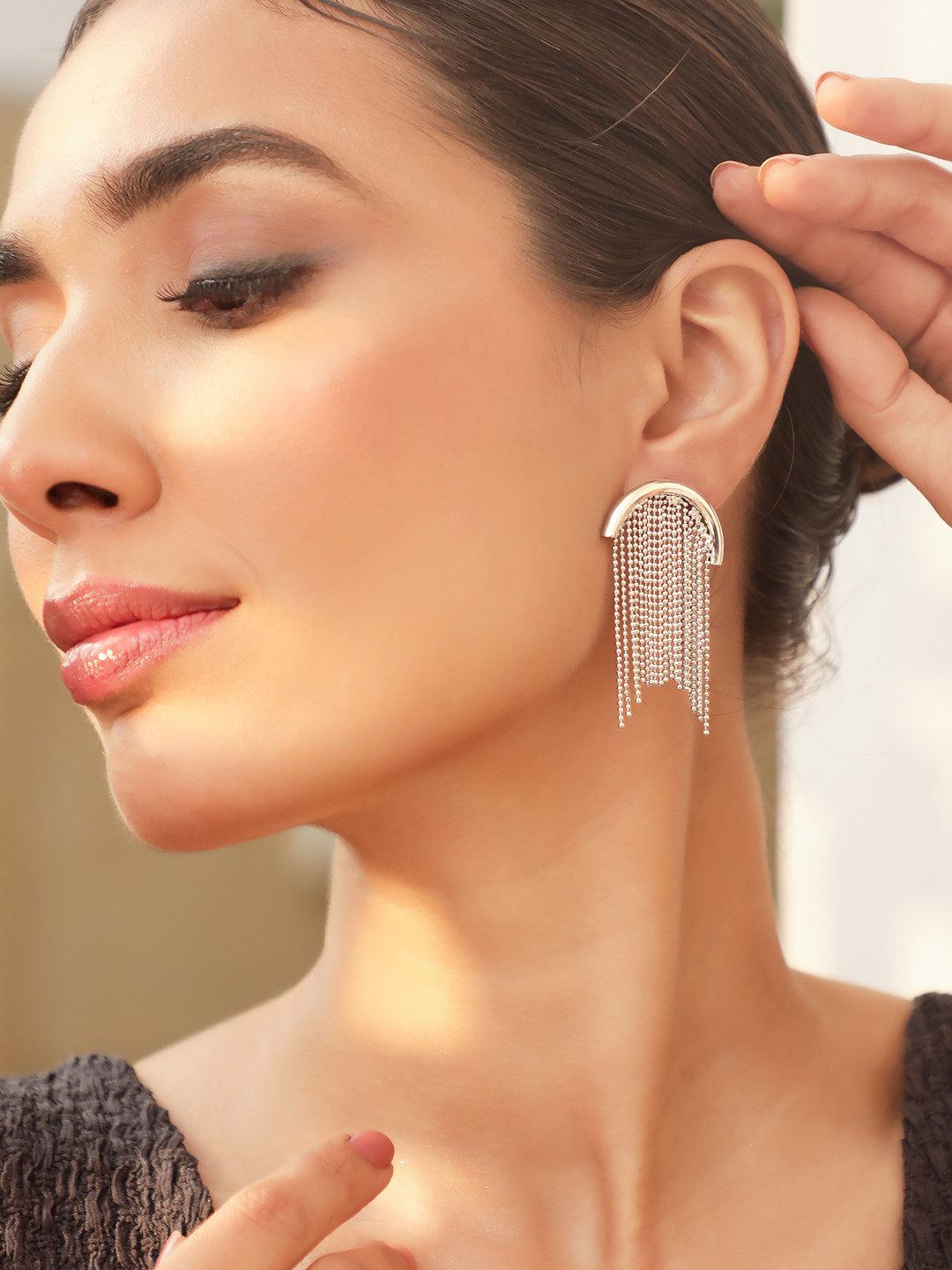 Rubans Rhodium-Plated Half-Moon Tassel Drop Earrings