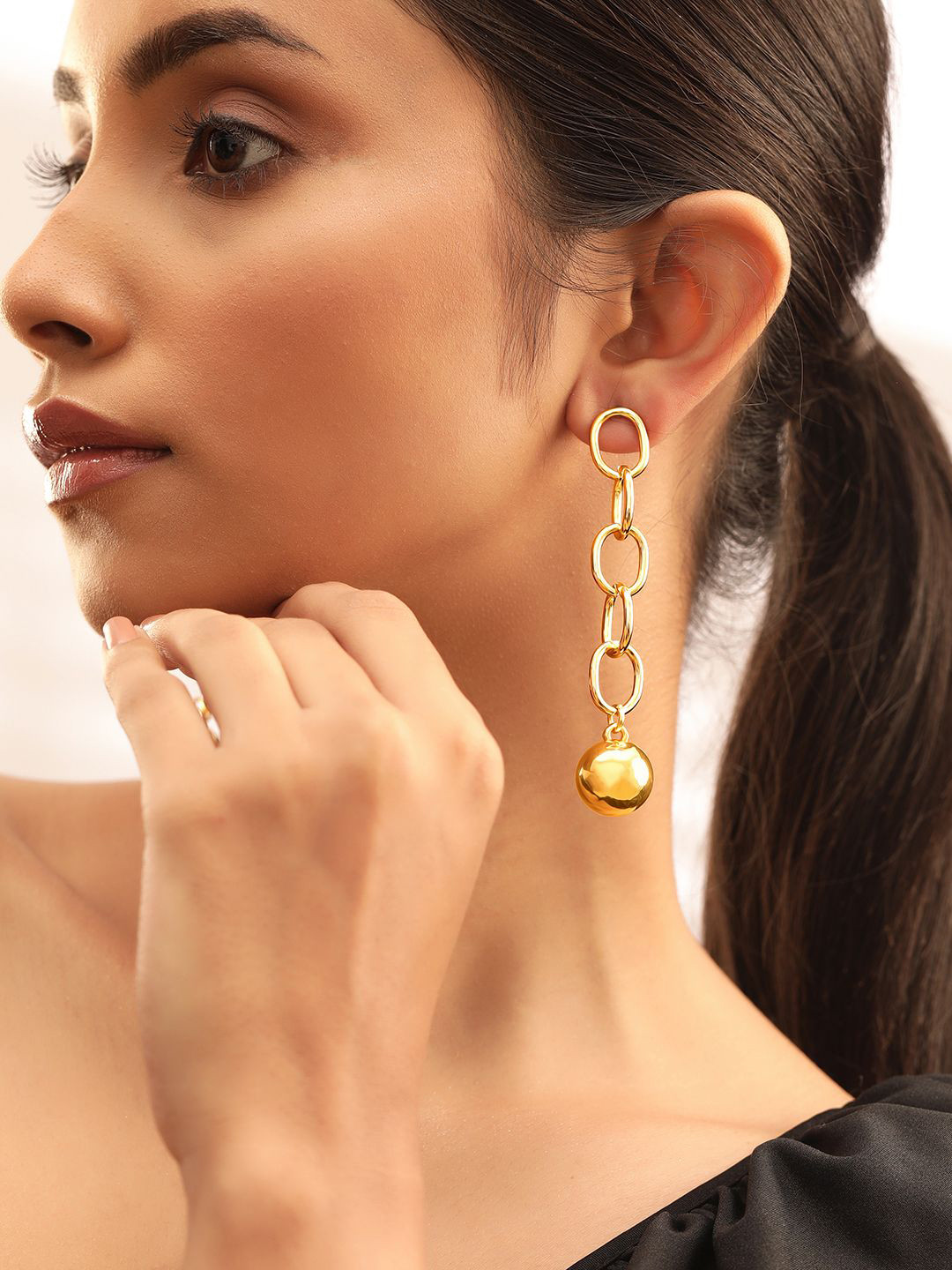Rubans 18K Gold-Plated Chunky Link Chain Drop Earrings with Spherical Dangling Bead