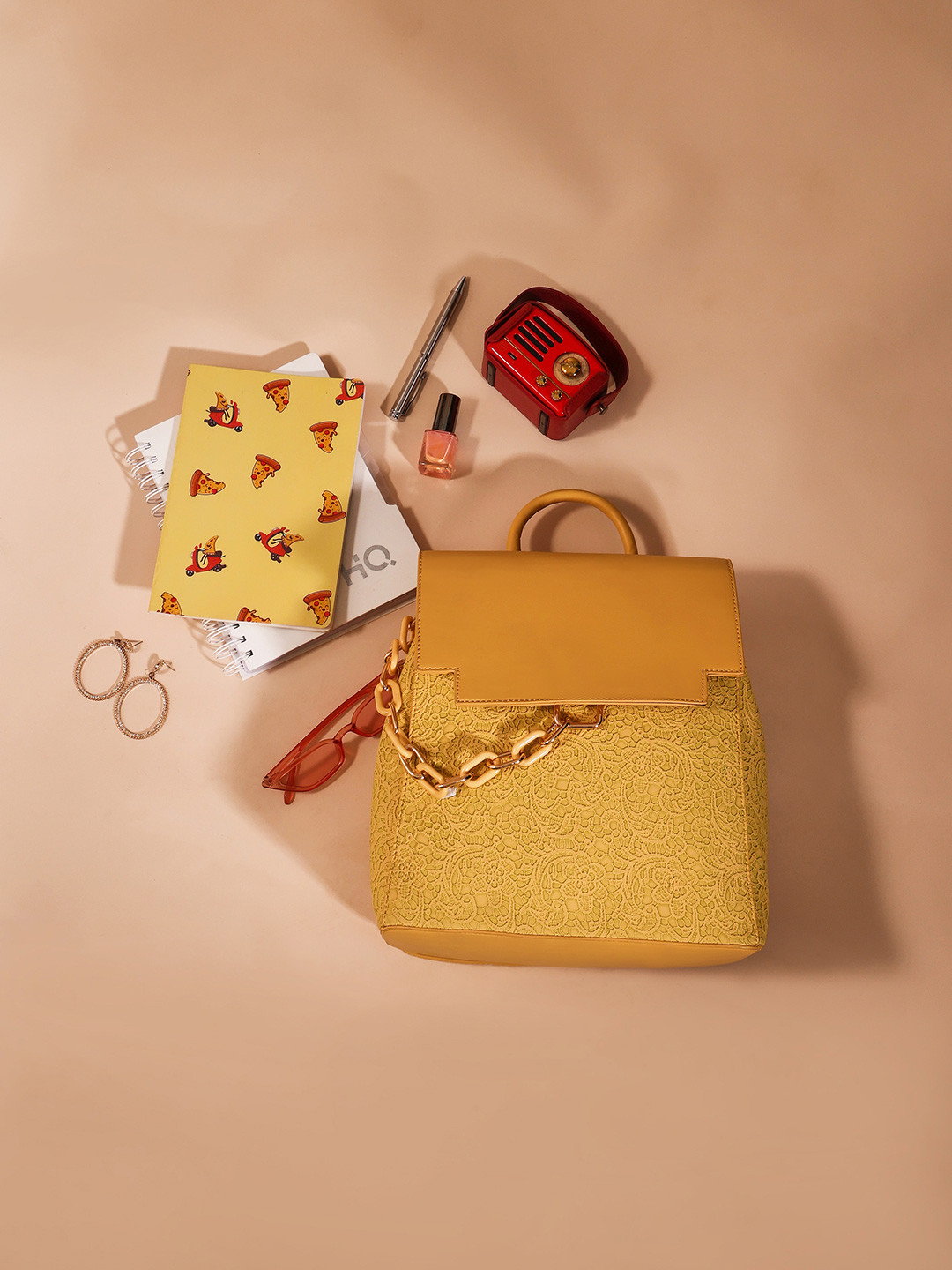 Globus Women Textured Medium Ergonomic Lace & Chain Detail Backpack