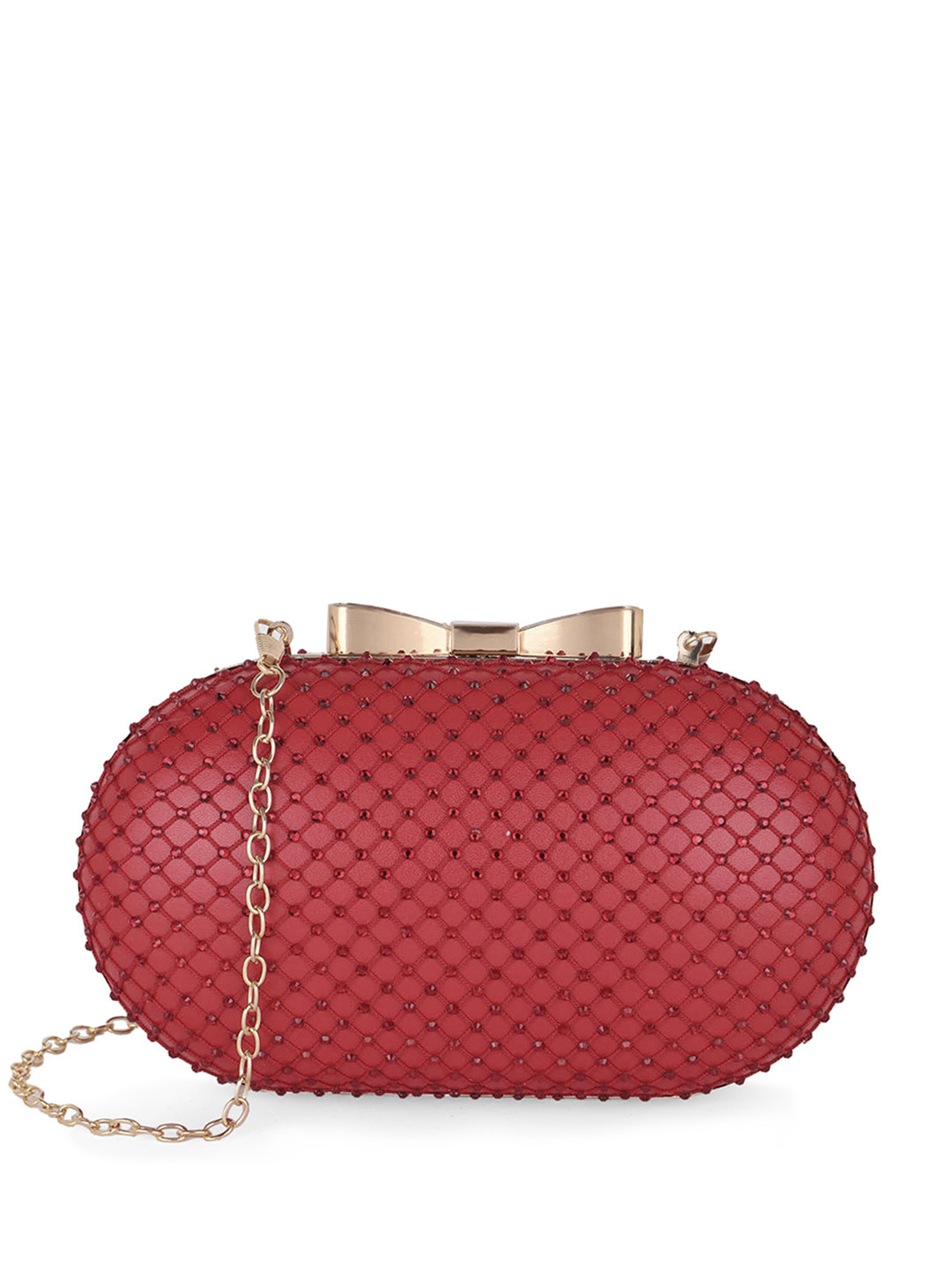 Globus Women Red Bow Shape Lock Embellished Oval Party Clutch With Detachable Chain Strap