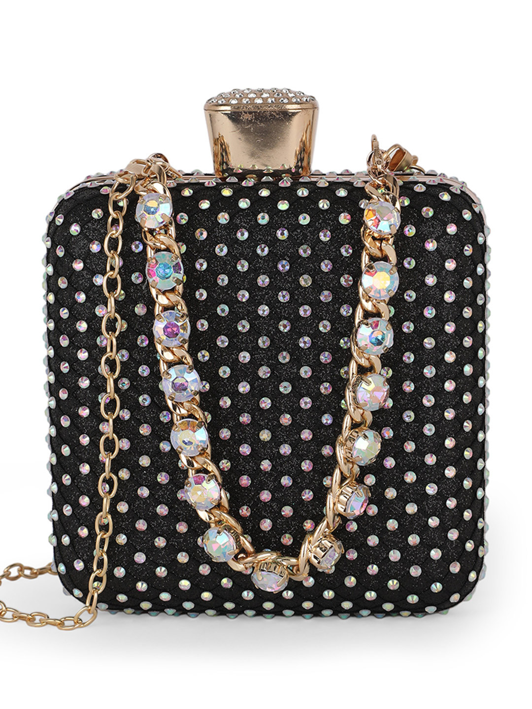 Globus Embellished Square Party Clutch With Thick Wrist Strap & Detachable Chain Strap