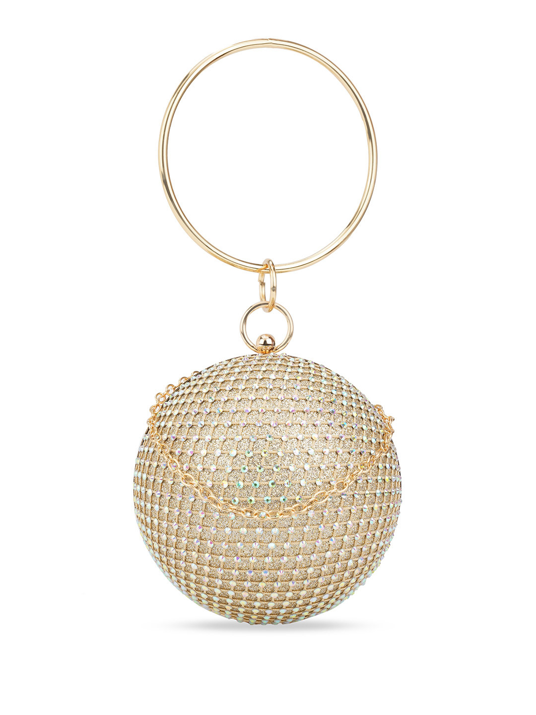 Globus Women Gold Bangle Handle Small Circle Party Bag With Detachable Chain Strap