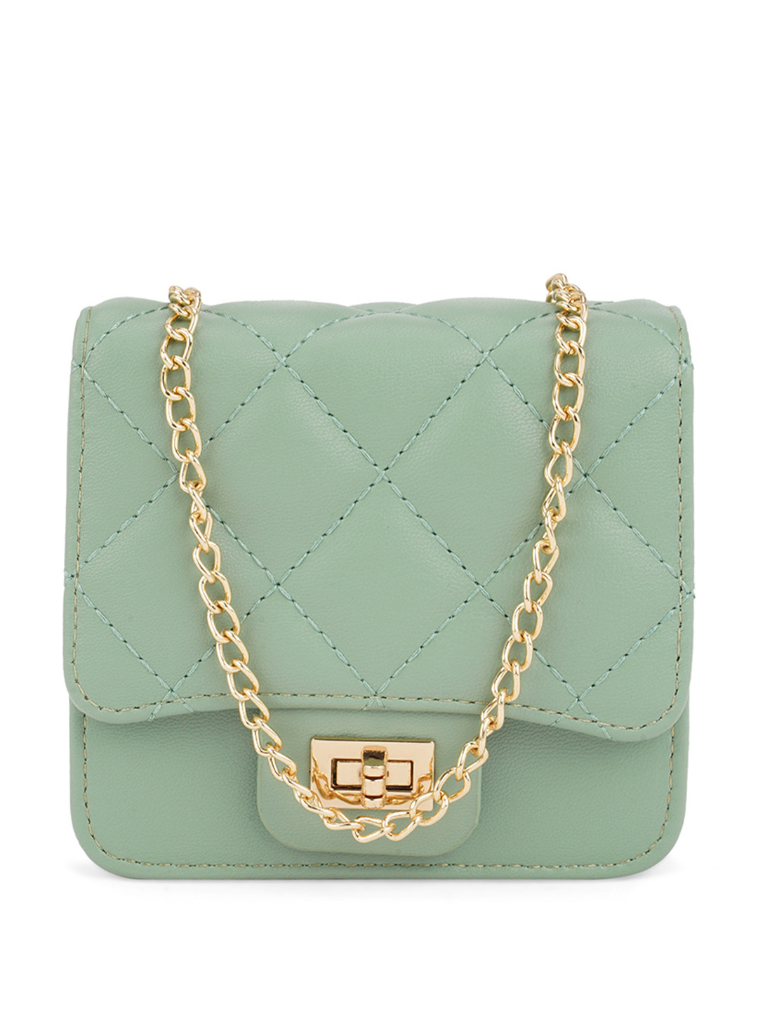 Globus Women Sea Green Quilted Twistlock Party Sling Bag With Detachable Chain Strap