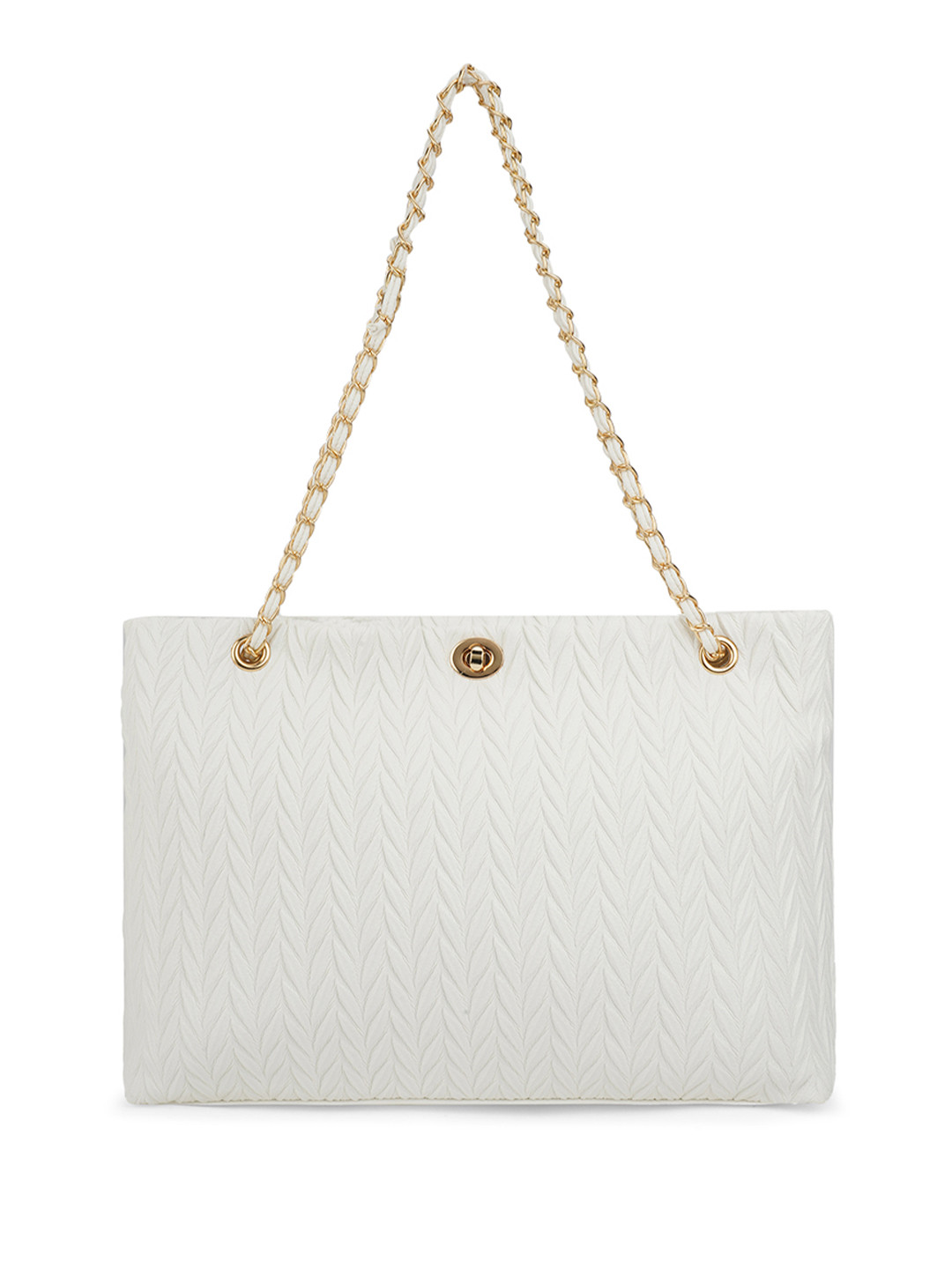 Globus Women White Leaf Raised Design Twistlock Chain Detail Double Handle Party Tote Bag