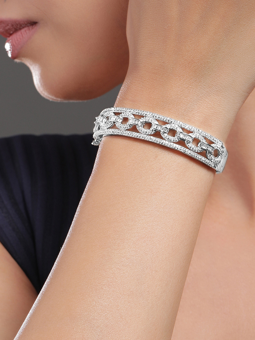 Rubans Rhodium Plated Cubic Zirconia Studded Chain Link Design Premium Openable Bracelet