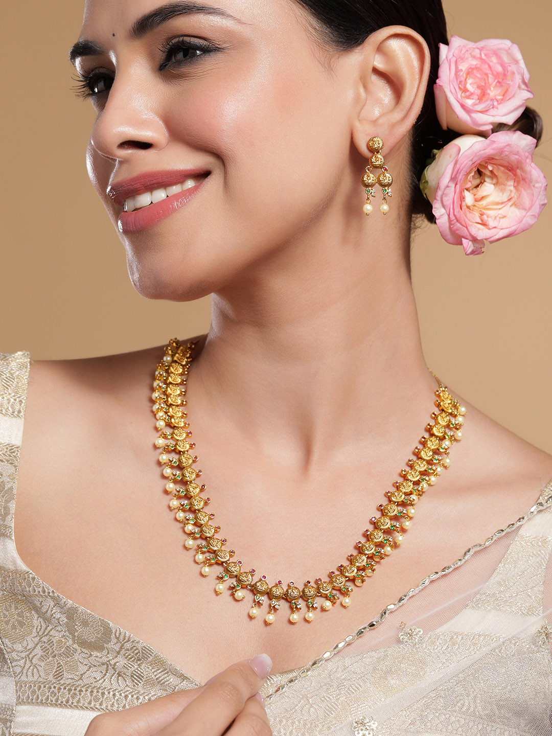 Rubans 22K Gold-Plated Ruby &Emerald-Studded Temple Necklace Set with Pearl Beaded Drops