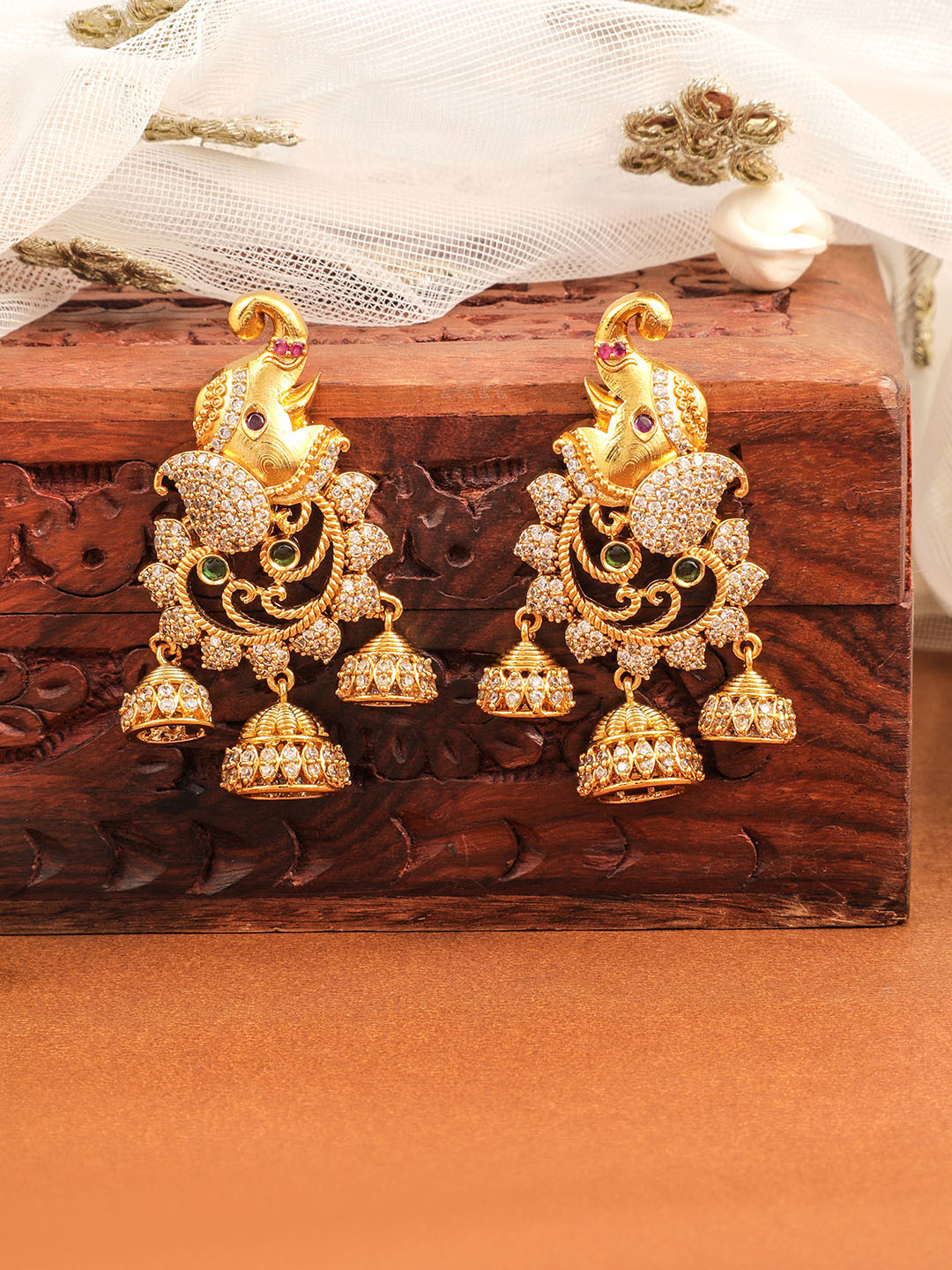 Rubans 22K Gold-Plated Elephant Motif Chandbali Jhumkas with Emerald & Zirconia Studs