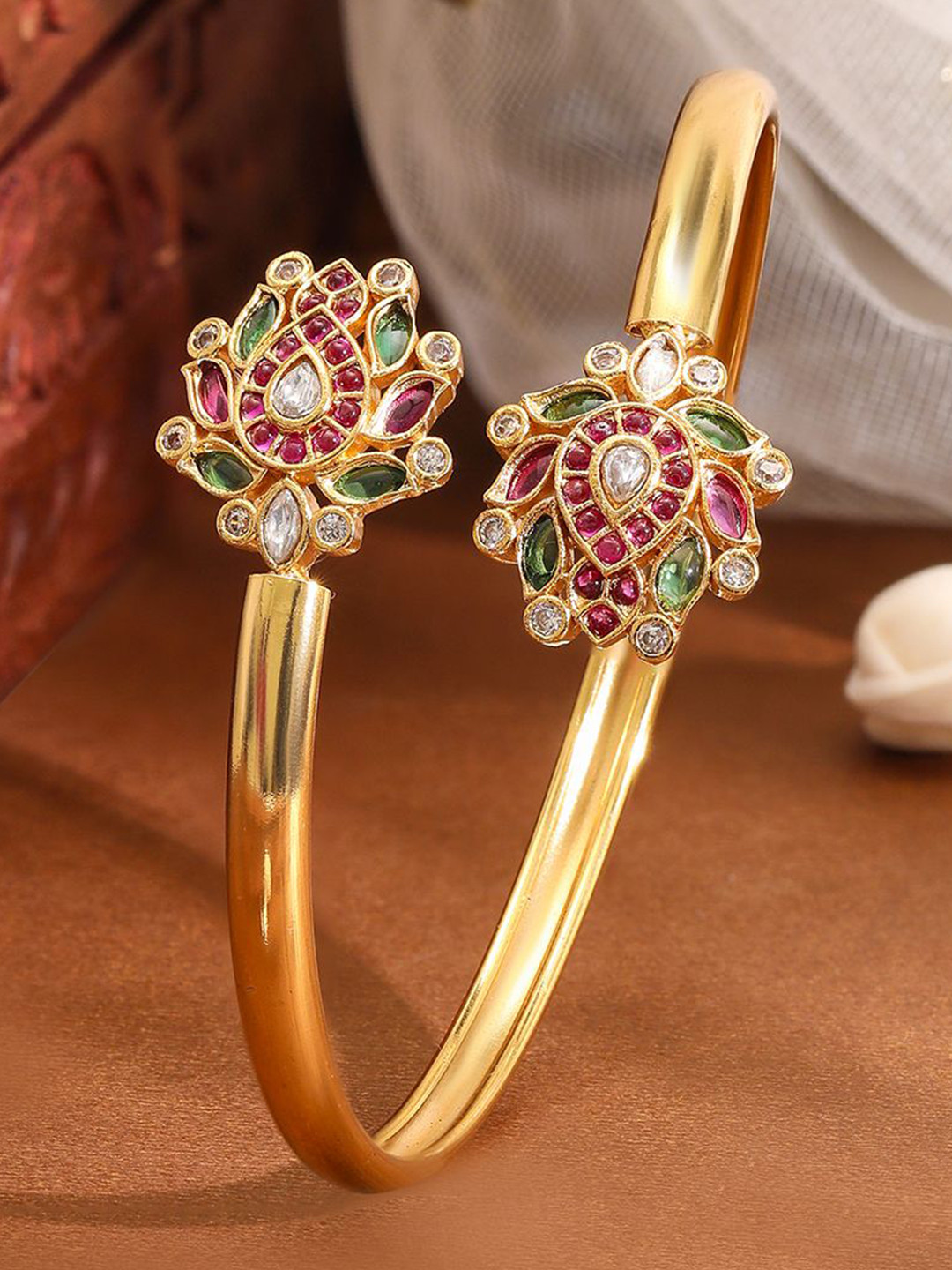 Rubans 18K Gold-Plated Ruby Pink, Green & White Kundan Studded Openable Bangle