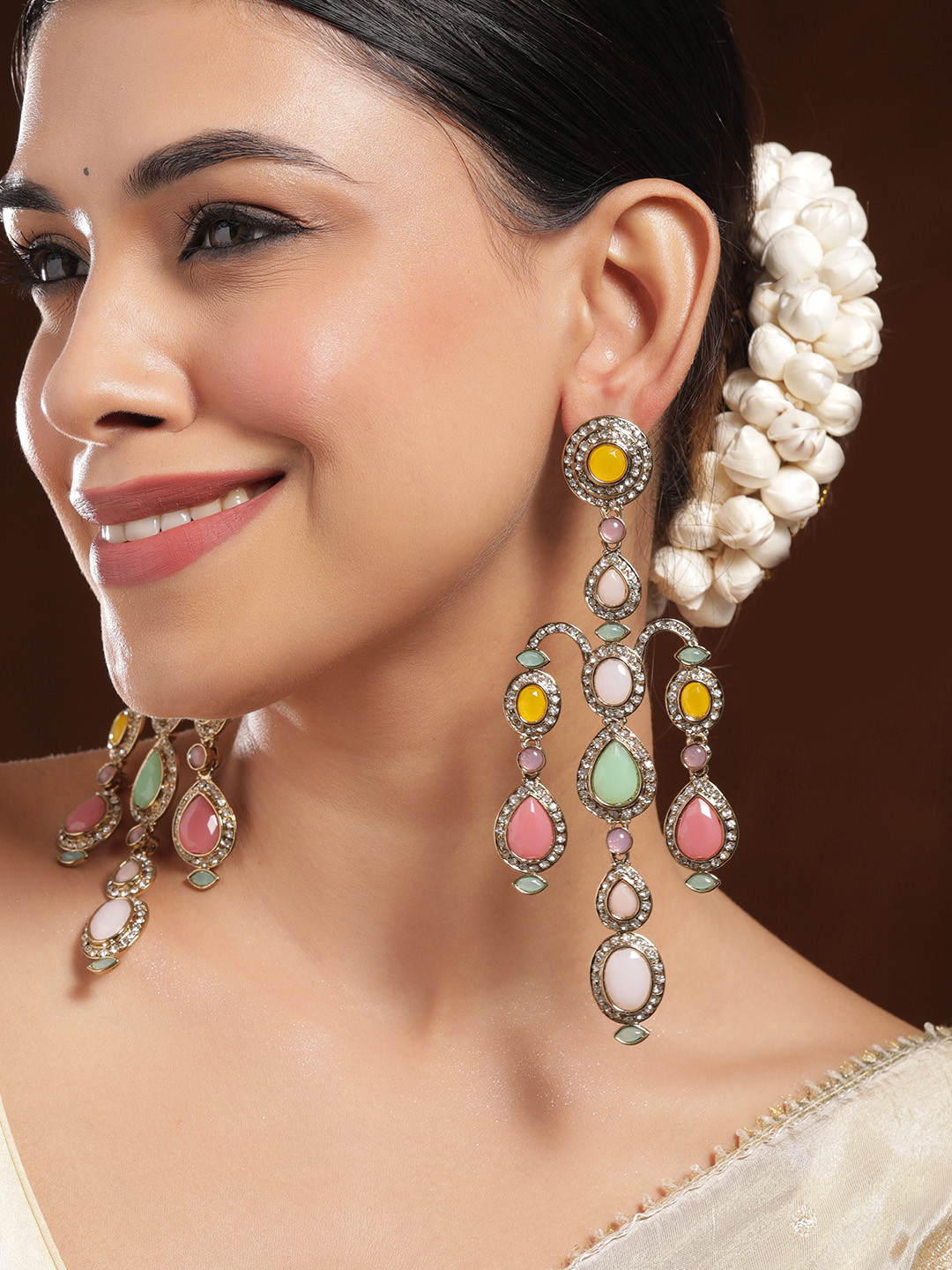 Rubans 22K Mehandi Gold-Plated Classic Gemstone & Zirconia Studded Chandelier Earrings