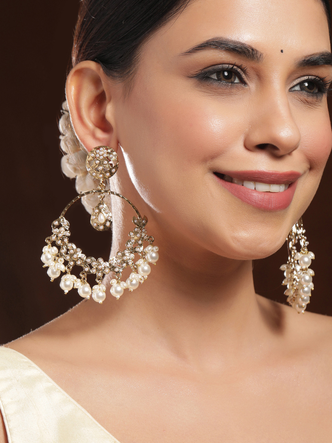 Rubans 18K Mehandi Gold-Plated Traditional Pearl Studded & Beaded Long Chandbali Earrings