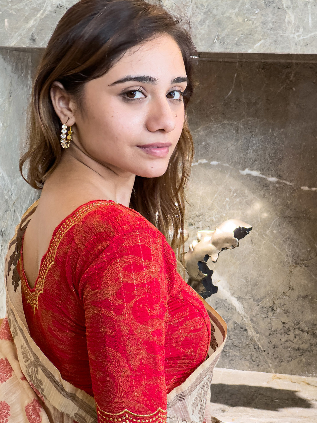 Bindigasm's Advi Zari Embroidered Neckline Stretchable Slip On Saree Blouse