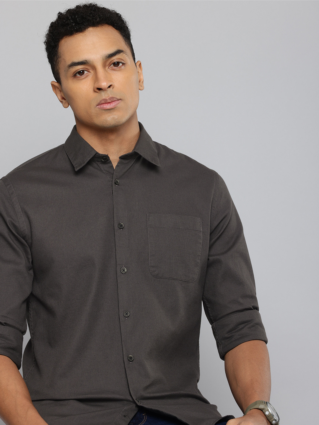 Flying Machine Pure Cotton Textured Self Design Slim Fit Opaque Casual Shirt