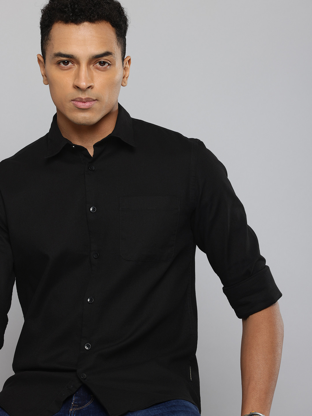 Flying Machine Pure Cotton Textured Self Design Slim Fit Opaque Casual Shirt