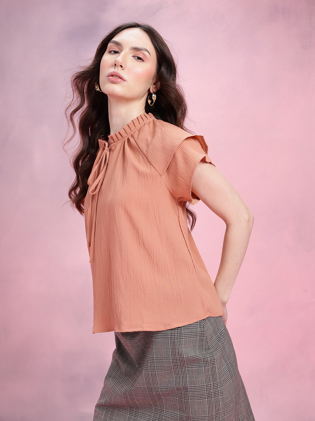 DressBerry Crinkled Effect Tie-Up Neck Flutter Sleeves Top with Ruffled Detail