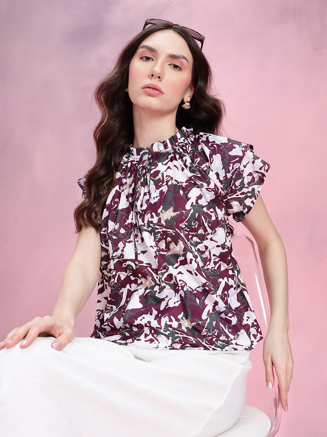 DressBerry Abstract Print Tie-Up Neck Flutter Sleeves Top with Ruffled Detail