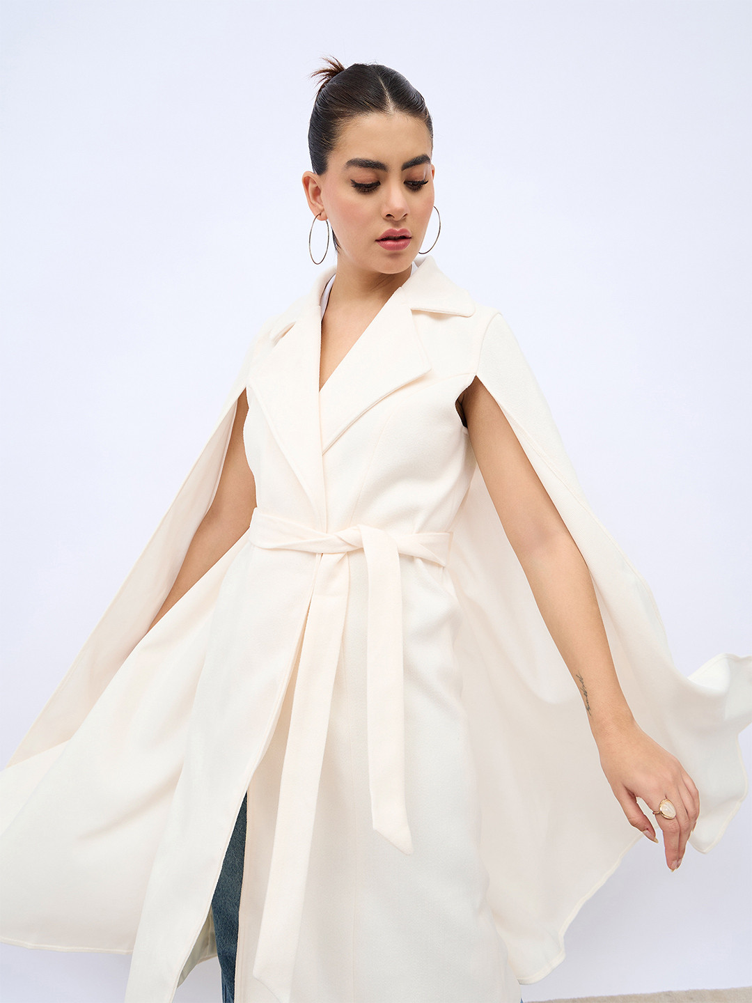 Styli Women Regular Fit Midi Length Wool Look Coat With Cape Sleeves