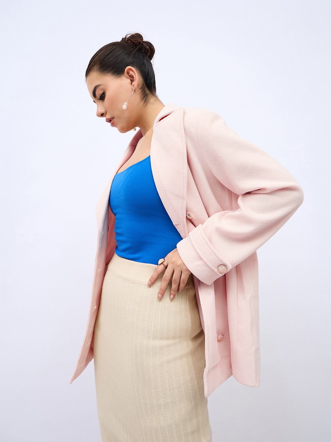 Styli Women Boxy Fit Long Line Double Breasted Wool Look Coat