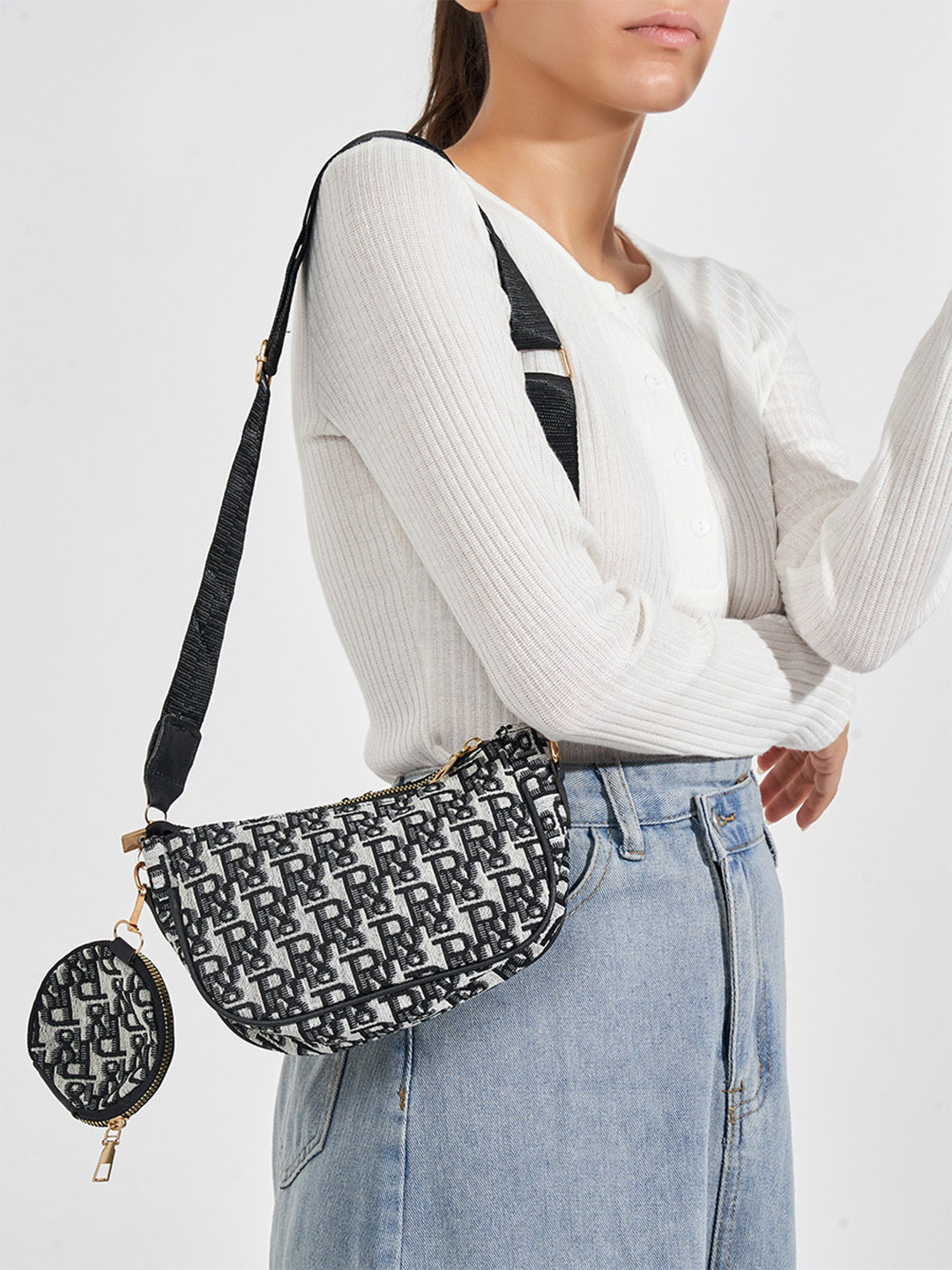 Styli Black Women Typographic Printed Structured Shoulder Bag with Pouch