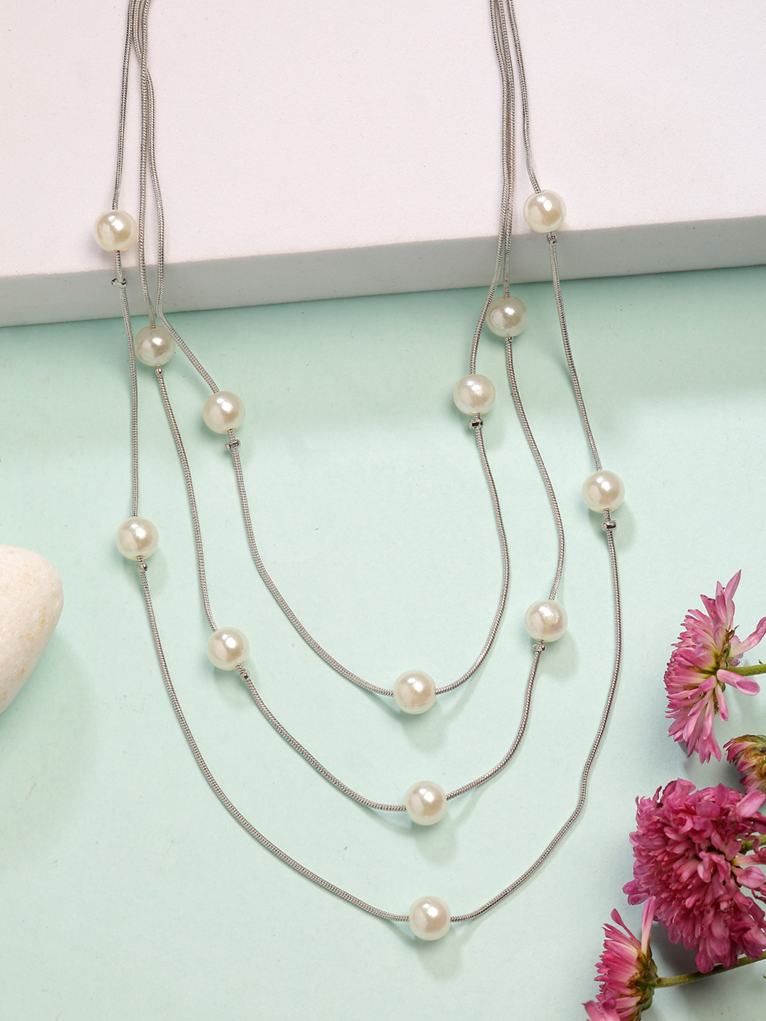 NVR Silver-Plated Pearls Beaded Layered Chain